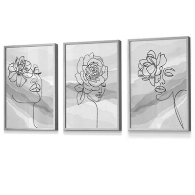 Artze Wall Art Set Of 3 Female Line Art Floral Faces On Grey Wall Art Prints / 30X42Cm (A3) / Light Grey Frame from B&Q