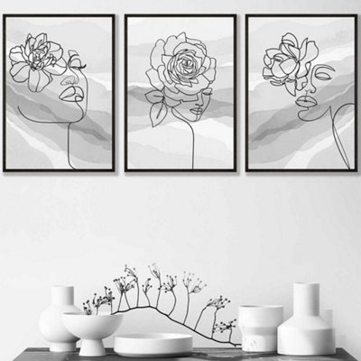 Artze Wall Art Set Of 3 Female Line Art Floral Faces On Grey Wall Art Prints / 42X59Cm (A2) / Black Frame from B&Q