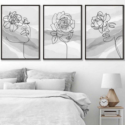 Artze Wall Art Set Of 3 Female Line Art Floral Faces On Grey Wall Art Prints / 50X70Cm / Black Frame from B&Q
