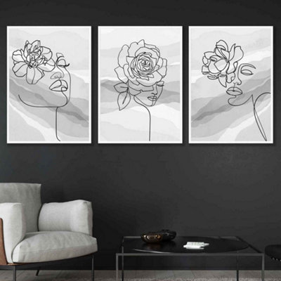 Artze Wall Art Set Of 3 Female Line Art Floral Faces On Grey Wall Art Prints / 50X70Cm / White Frame from B&Q