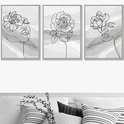 Artze Wall Art Set Of 3 Female Line Art Floral Faces On Grey Wall Art Prints / 50X70Cm / Light Grey Frame from B&Q