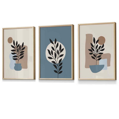 Artze Wall Art Set Of 3 Graphical Boho Floral Teal And Beige Botanical Wall Art Prints / 30X42Cm (A3) / Oak Frame from B&Q