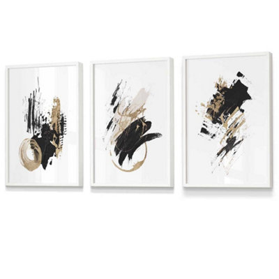 Artze Wall Art Set Of 3  Abstract Black Ivory And Gold Oil Strokes Wall Art Prints / 30X42Cm (A3) / White Frame from B&Q