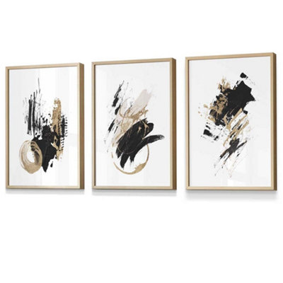 Artze Wall Art Set Of 3  Abstract Black Ivory And Gold Oil Strokes Wall Art Prints / 30X42Cm (A3) / Oak Frame from B&Q