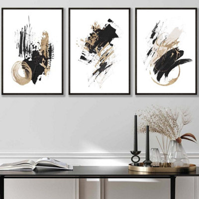 Artze Wall Art Set Of 3  Abstract Black Ivory And Gold Oil Strokes Wall Art Prints / 42X59Cm (A2) / Black Frame from B&Q
