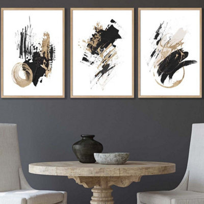 Artze Wall Art Set Of 3  Abstract Black Ivory And Gold Oil Strokes Wall Art Prints / 42X59Cm (A2) / Oak Frame from B&Q