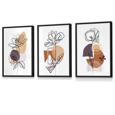 Artze Wall Art Set Of 3 Line Art Flowers On Purple Orange Boho Shapes Wall Art Prints / 30X42Cm (A3) / Black Frame from B&Q