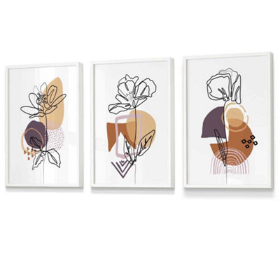 Artze Wall Art Set Of 3 Line Art Flowers On Purple Orange Boho Shapes Wall Art Prints / 30X42Cm (A3) / White Frame from B&Q
