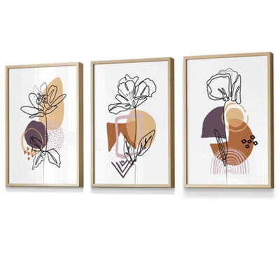 Artze Wall Art Set Of 3 Line Art Flowers On Purple Orange Boho Shapes Wall Art Prints / 30X42Cm (A3) / Oak Frame from B&Q