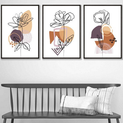 Artze Wall Art Set Of 3 Line Art Flowers On Purple Orange Boho Shapes Wall Art Prints / 42X59Cm (A2) / Black Frame from B&Q