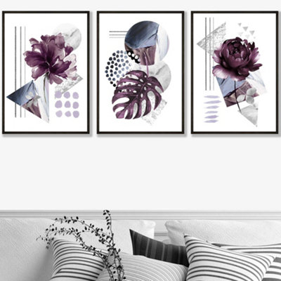 Artze Wall Art Set Of 3 Abstract Purple And Silver Botanical Wall Art Prints / 30X42Cm (A3) / Black Frame from B&Q