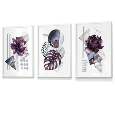 Artze Wall Art Set Of 3 Abstract Purple And Silver Botanical Wall Art Prints / 30X42Cm (A3) / White Frame from B&Q