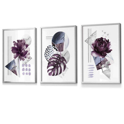Artze Wall Art Set Of 3 Abstract Purple And Silver Botanical Wall Art Prints / 30X42Cm (A3) / Silver Frame from B&Q