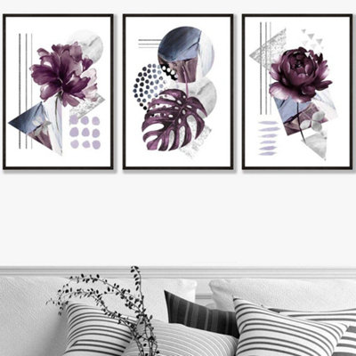 Artze Wall Art Set Of 3 Abstract Purple And Silver Botanical Wall Art Prints / 50X70Cm / Black Frame from B&Q