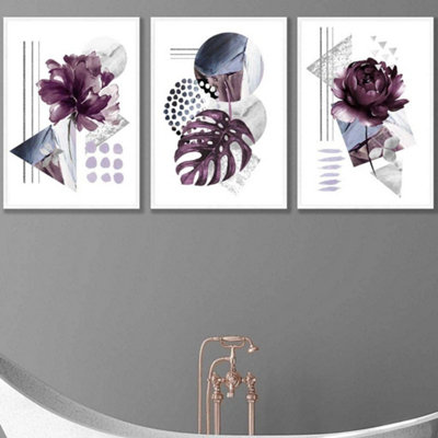 Artze Wall Art Set Of 3 Abstract Purple And Silver Botanical Wall Art Prints / 50X70Cm / White Frame from B&Q