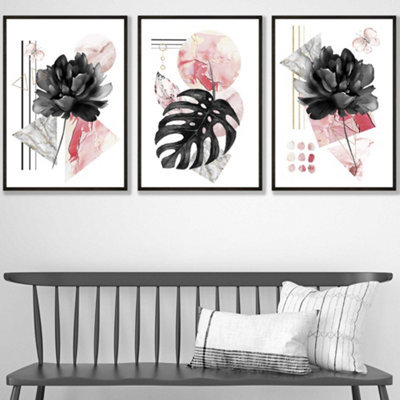 Artze Wall Art Set Of 3 Abstract Pink And Black Botanical Wall Art Prints / 30X42Cm (A3) / Black Frame from B&Q