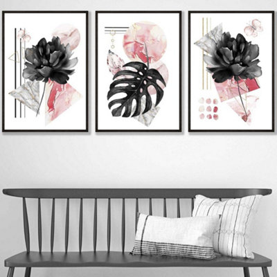 Artze Wall Art Set Of 3 Abstract Pink And Black Botanical Wall Art Prints / 42X59Cm (A2) / Black Frame from B&Q