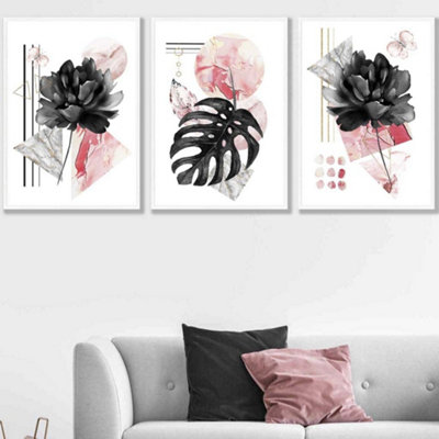 Artze Wall Art Set Of 3 Abstract Pink And Black Botanical Wall Art Prints / 50X70Cm / White Frame from B&Q