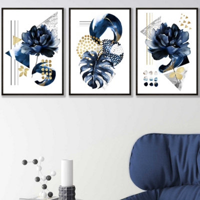 Artze Wall Art Set Of 3 Abstract Blue And Gold Botanical Wall Art Prints / 30X42Cm (A3) / Black Frame from B&Q