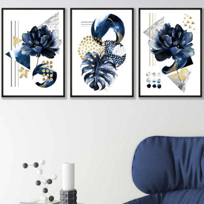 Artze Wall Art Set Of 3 Abstract Blue And Gold Botanical Wall Art Prints / 42X59Cm (A2) / Black Frame from B&Q