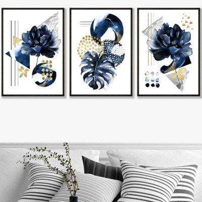 Artze Wall Art Set Of 3 Abstract Blue And Gold Botanical Wall Art Prints / 50X70Cm / Black Frame from B&Q