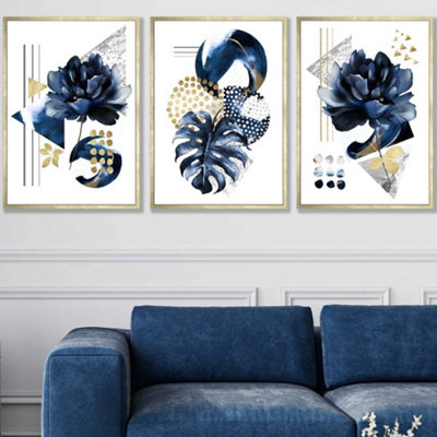 Artze Wall Art Set Of 3 Abstract Blue And Gold Botanical Wall Art Prints / 50X70Cm / Gold Frame from B&Q