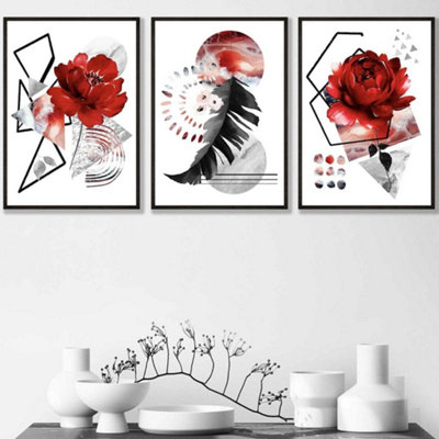 Artze Wall Art Set Of 3 Abstract Red And Black Botanical Wall Art Prints / 42X59Cm (A2) / Black Frame from B&Q