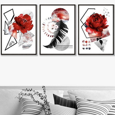Artze Wall Art Set Of 3 Abstract Red And Black Botanical Wall Art Prints / 50X70Cm / Black Frame from B&Q