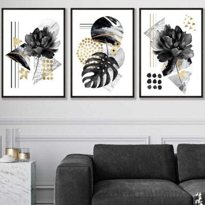 Artze Wall Art Set Of 3 Abstract Black And Gold Botanical Wall Art Prints / 50X70Cm / Black Frame from B&Q