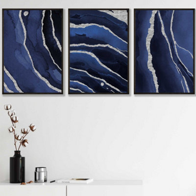 Artze Wall Art Set Of 3 Abstract Navy Blue Silver Strokes Wall Art Prints / 30X42Cm (A3) / Black Frame from B&Q