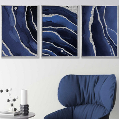 Artze Wall Art Set Of 3 Abstract Navy Blue Silver Strokes Wall Art Prints / 42X59Cm (A2) / Silver Frame from B&Q