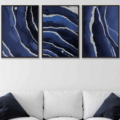 Artze Wall Art Set Of 3 Abstract Navy Blue Silver Strokes Wall Art Prints / 50X70Cm / Black Frame from B&Q