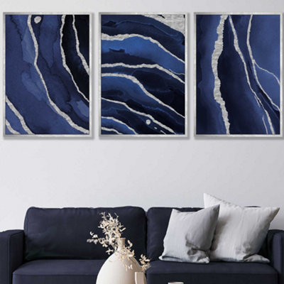 Artze Wall Art Set Of 3 Abstract Navy Blue Silver Strokes Wall Art Prints / 50X70Cm / Silver Frame from B&Q