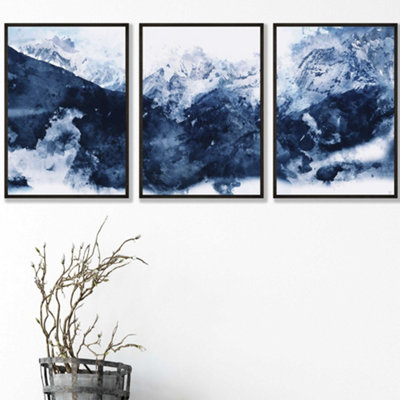 Artze Wall Art Set Of 3 Abstract Navy Blue Mountains Wall Art Prints / 42X59Cm (A2) / Black Frame from B&Q