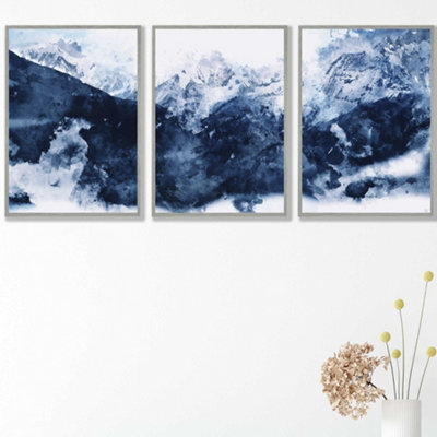 Artze Wall Art Set Of 3 Abstract Navy Blue Mountains Wall Art Prints / 42X59Cm (A2) / Light Grey Frame from B&Q