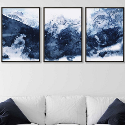 Artze Wall Art Set Of 3 Abstract Navy Blue Mountains Wall Art Prints / 50X70Cm / Black Frame from B&Q