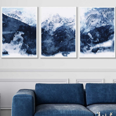 Artze Wall Art Set Of 3 Abstract Navy Blue Mountains Wall Art Prints / 50X70Cm / White Frame from B&Q