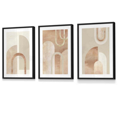 Artze Wall Art Set Of 3 Mid Century Terracotta And Beige Arches Wall Art Prints / 30X42Cm (A3) / Black Frame from B&Q