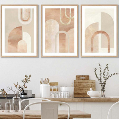 Artze Wall Art Set Of 3 Mid Century Terracotta And Beige Arches Wall Art Prints / 42X59Cm (A2) / Oak Frame from B&Q