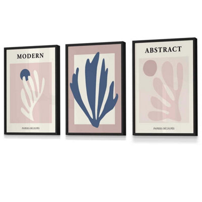 Artze Wall Art Set Of 3 Matisse Style Floral Cut Out Navy & Pink Wall Art Prints / 30X42Cm (A3) / Black Frame from B&Q