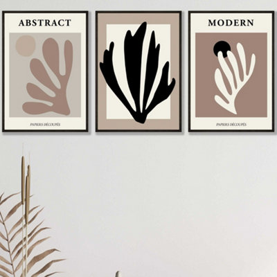 Artze Wall Art Set Of 3 Matisse Style Floral Cut Out Browns & Black Wall Art Prints / 30X42Cm (A3) / Black Frame from B&Q