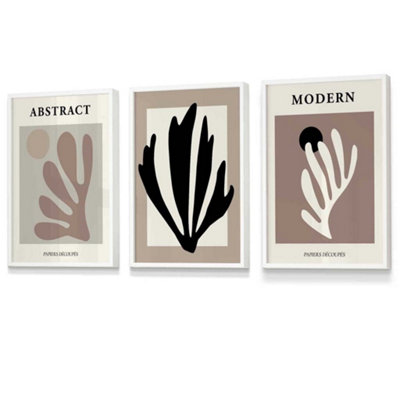 Artze Wall Art Set Of 3 Matisse Style Floral Cut Out Browns & Black Wall Art Prints / 30X42Cm (A3) / White Frame from B&Q