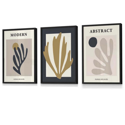 Artze Wall Art Set Of 3 Matisse Style Floral Cut Out Navy & Yellow Wall Art Prints / 30X42Cm (A3) / Black Frame from B&Q