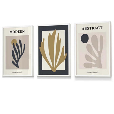 Artze Wall Art Set Of 3 Matisse Style Floral Cut Out Navy & Yellow Wall Art Prints / 30X42Cm (A3) / White Frame from B&Q