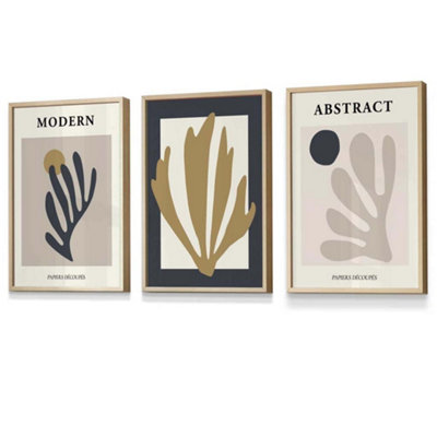 Artze Wall Art Set Of 3 Matisse Style Floral Cut Out Navy & Yellow Wall Art Prints / 30X42Cm (A3) / Oak Frame from B&Q