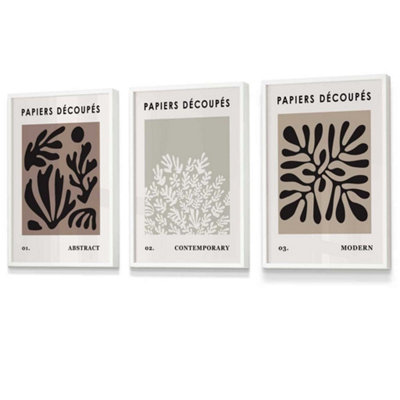 Artze Wall Art Set Of 3 Matisse Style Floral Cut Out Brown & Black Wall Art Prints / 30X42Cm (A3) / White Frame from B&Q