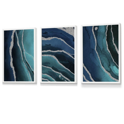 Artze Wall Art Set Of 3 Abstract Teal Blue Silver Strokes Wall Art Prints / 30X42Cm (A3) / White Frame from B&Q
