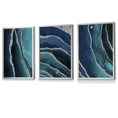 Artze Wall Art Set Of 3 Abstract Teal Blue Silver Strokes Wall Art Prints / 30X42Cm (A3) / Silver Frame from B&Q