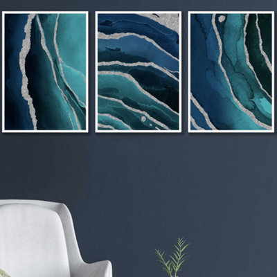 Artze Wall Art Set Of 3 Abstract Teal Blue Silver Strokes Wall Art Prints / 42X59Cm (A2) / White Frame from B&Q