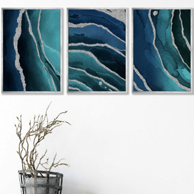 Artze Wall Art Set Of 3 Abstract Teal Blue Silver Strokes Wall Art Prints / 42X59Cm (A2) / Silver Frame from B&Q